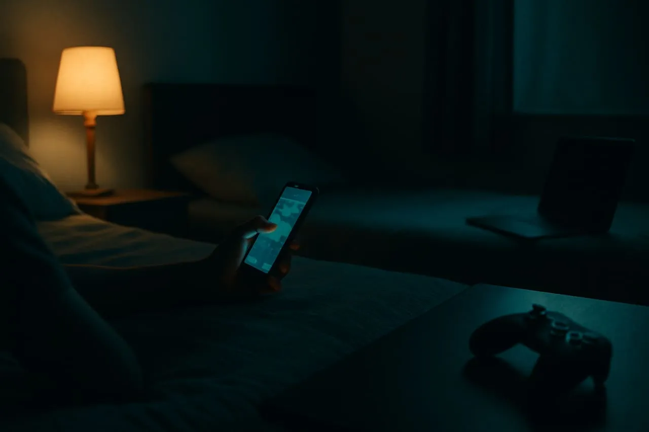 A teen on a couch in daytime light, phone resting on their stomach
